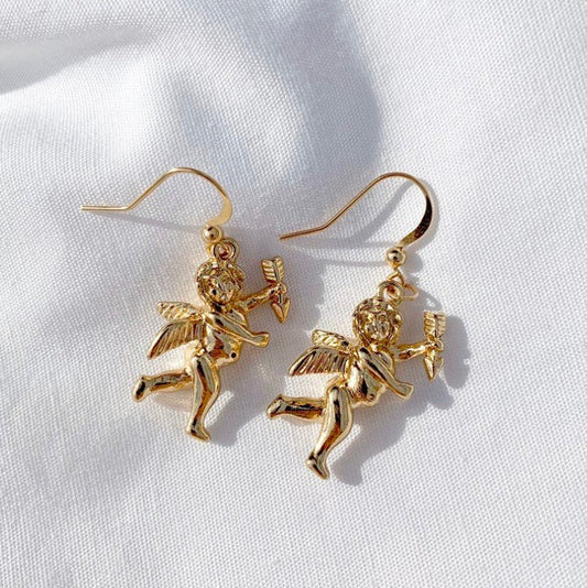 Gold cherub drop earrings matching on each side