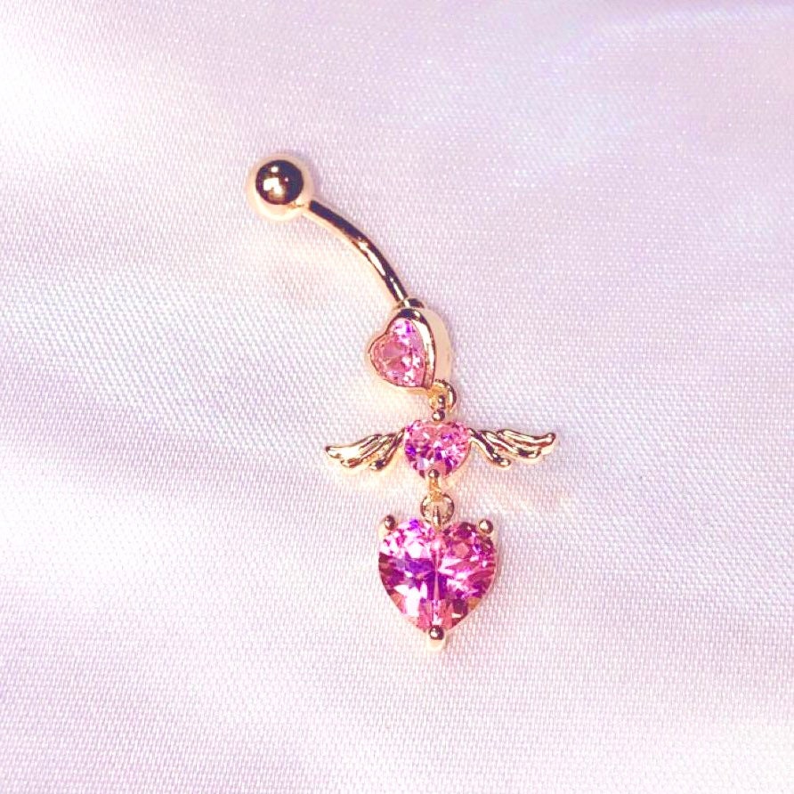 Gold 3 Tier angel heart belly ring with pink stones