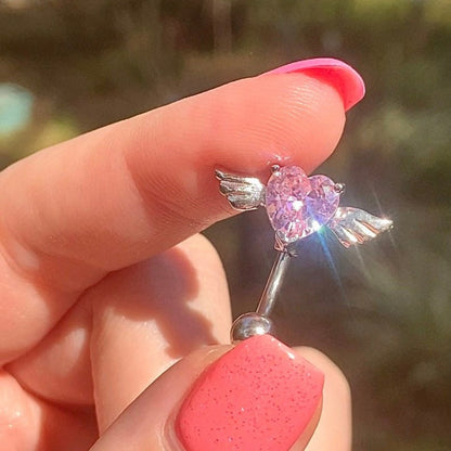 silver upside down heart belly ring with pink stone