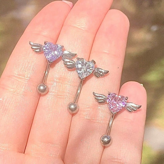 3 upside down angel heart belly rings with purple, clear and pink stones