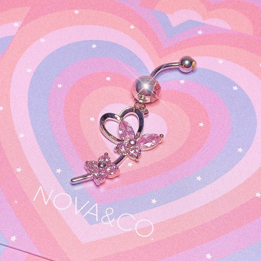 Silver with pink stones, heart, flower and butterfly belly ring