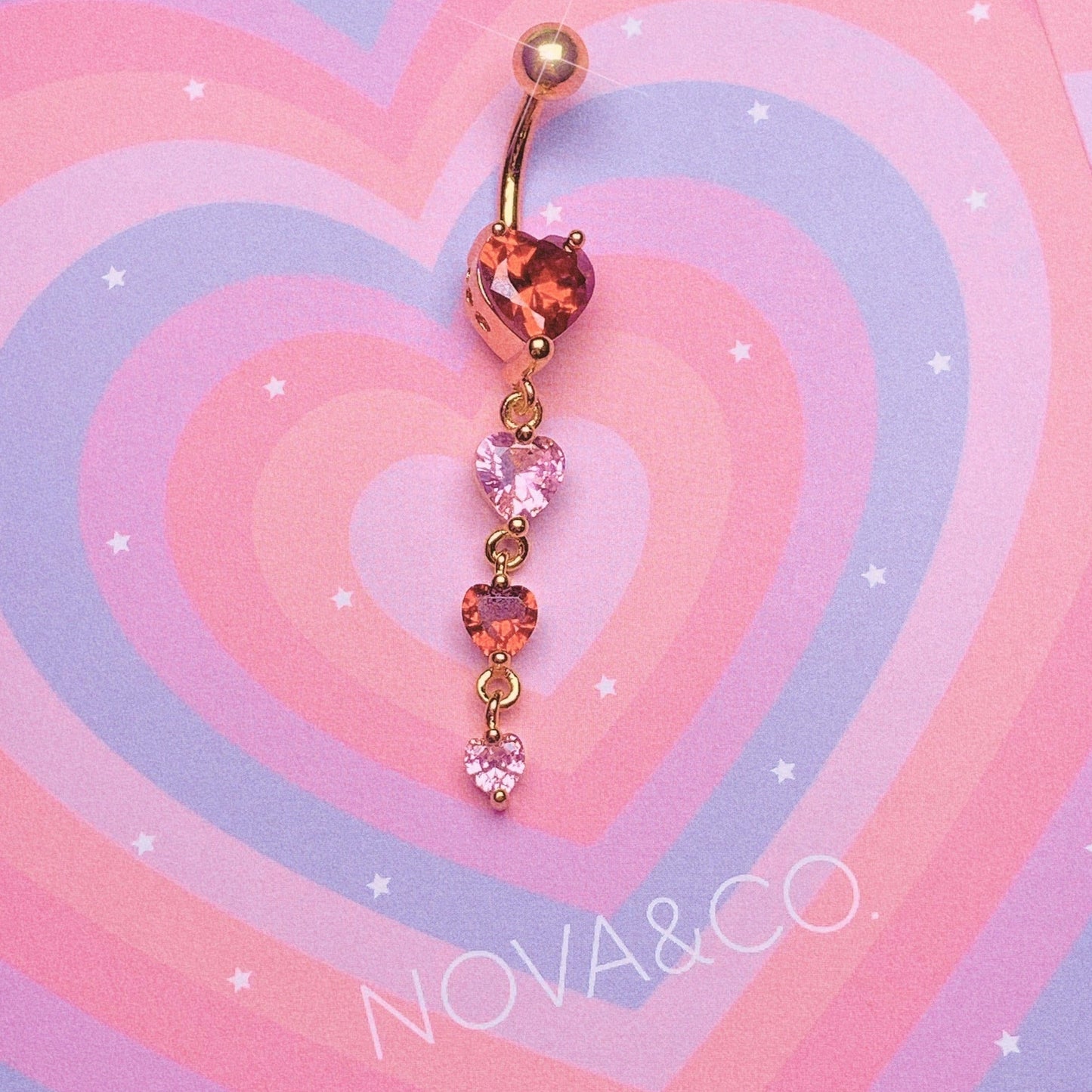 gold with red and pink hearts dangle belly ring