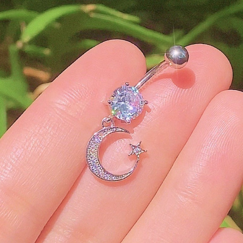 Silver with clear stones little moon belly ring