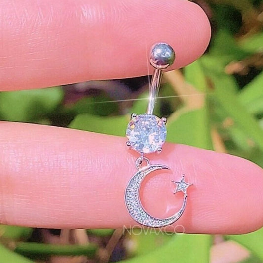 Silver with clear stones little moon belly ring