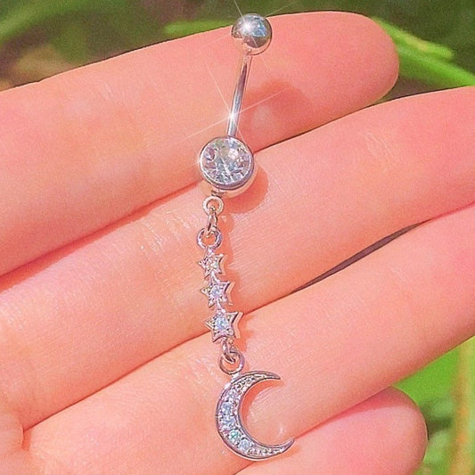 silver and clear moon and star dangle belly ring