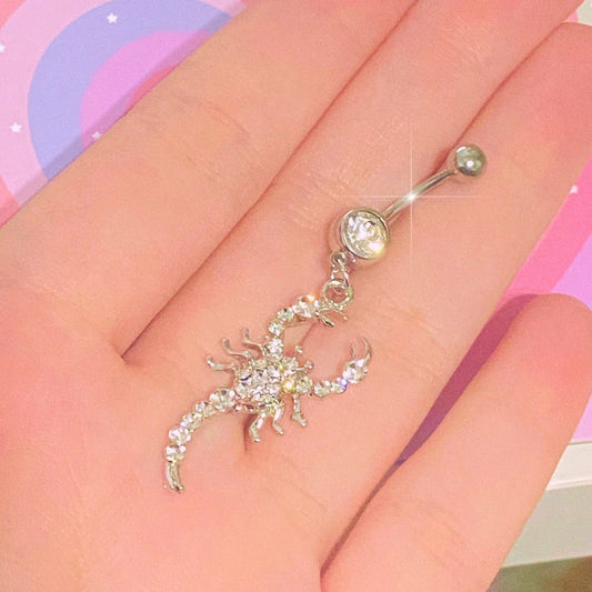 Silver with clear stone dangling scorpion belly ring