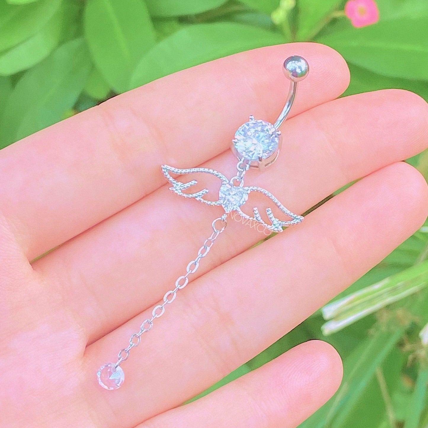 Long Chain silver Angel Wing Heart Belly ring