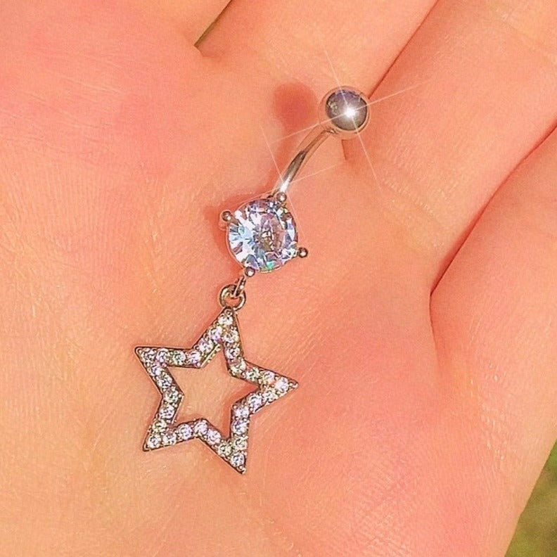 Silver star belly ring with clear stones