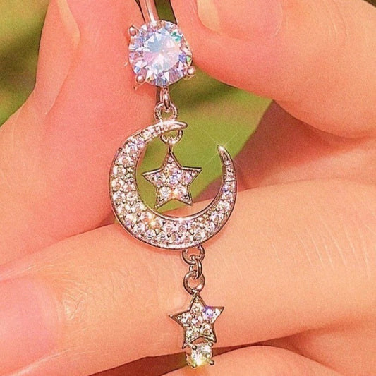 silver and clear moon and stars belly ring