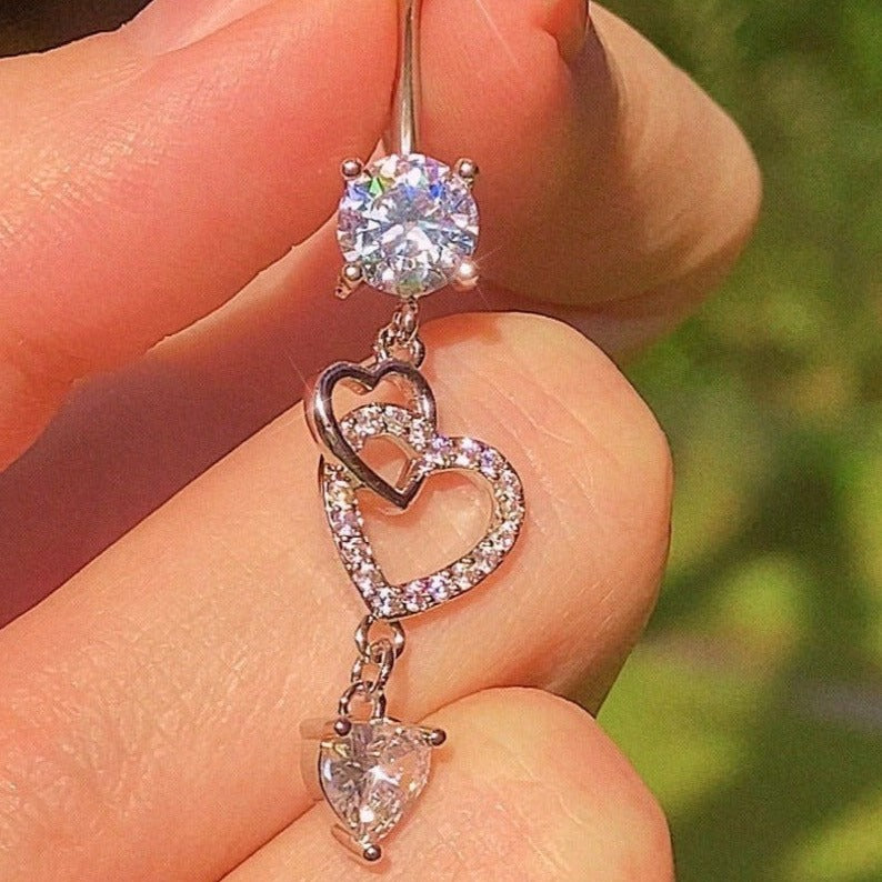 silver with clear stone linking hearts belly ring