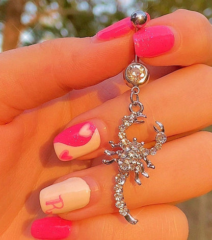 Silver with clear stone dangling scorpion belly ring